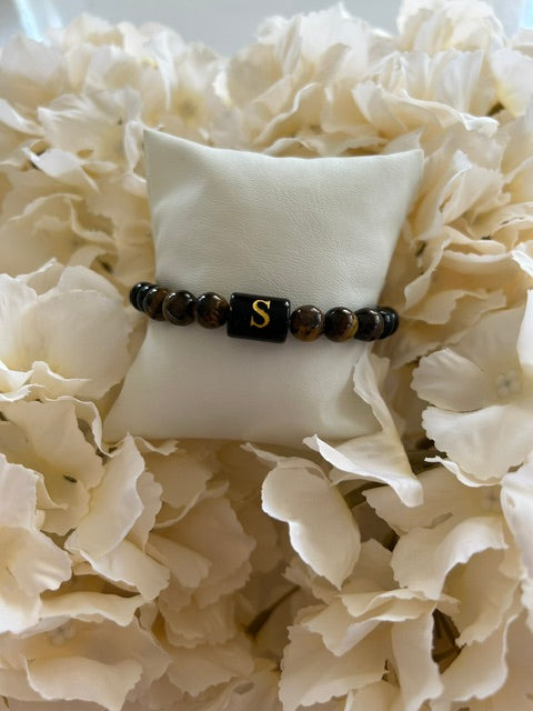 Bracelet Œil de Tigre & Lettre – Personnalisable