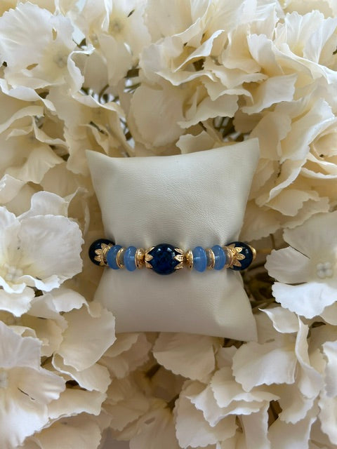 Bracelet Perles Bleu & Marine – Verre & Acrylique Doré