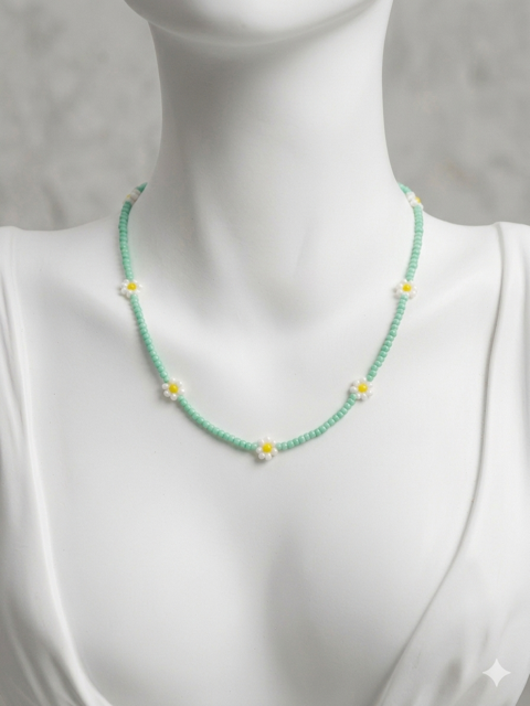 Collier Perles Vertes & Fleurs – Fait Main