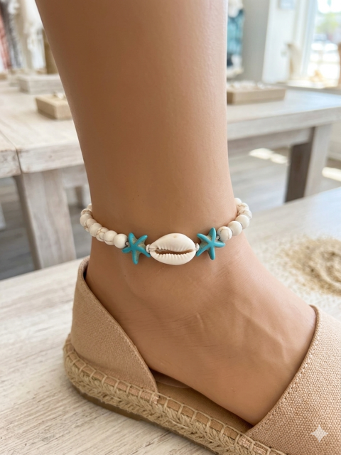 Bracelet de Cheville Coquillage & Étoiles de Mer Turquoise