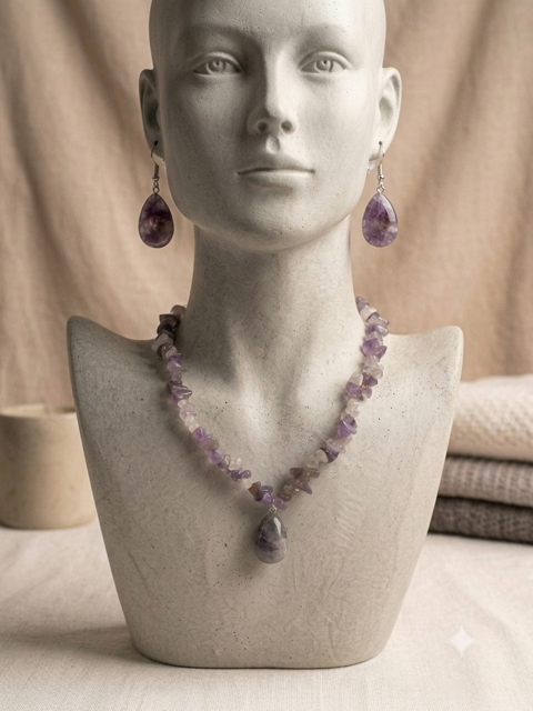 Parure collier et boucles d'oreilles en améthyste naturelle et cristal facetté