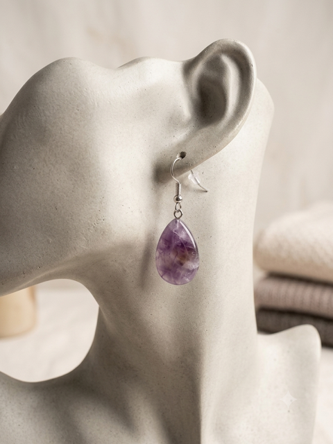 Boucles d'oreilles pendantes goutte d'améthyste naturelle violette sur crochet argenté