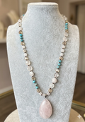 Collier Perles Rose & Turquoise – Pendentif Quartz Rose