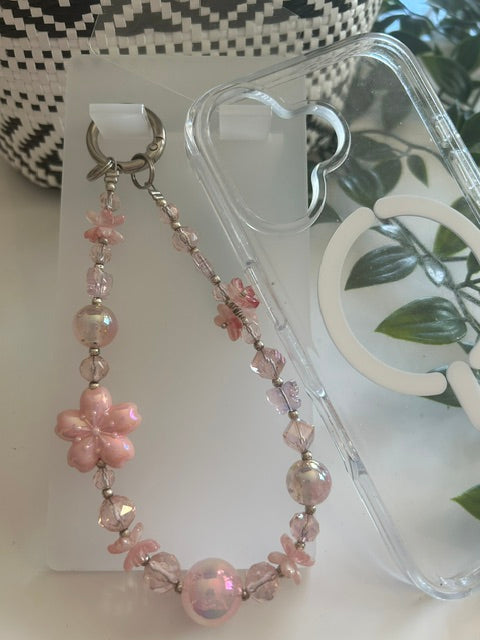 Grigri Téléphone Fleurs Roses & Argentées