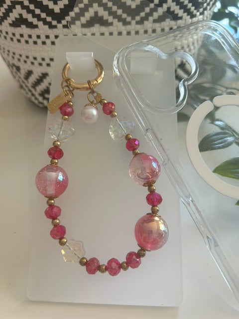 Grigri Téléphone Perles Roses & Dorées