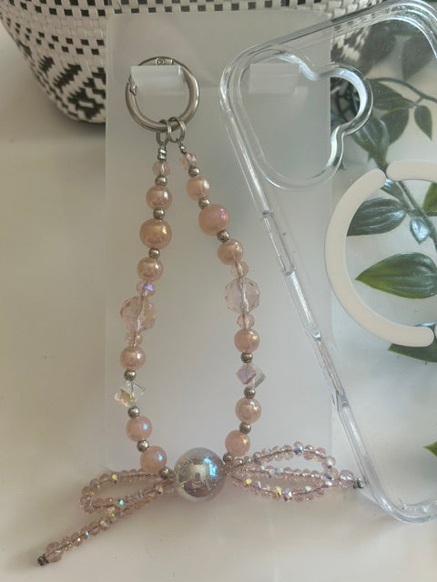 Grigri Téléphone Perles Nacrées Roses & Nœud Cristal