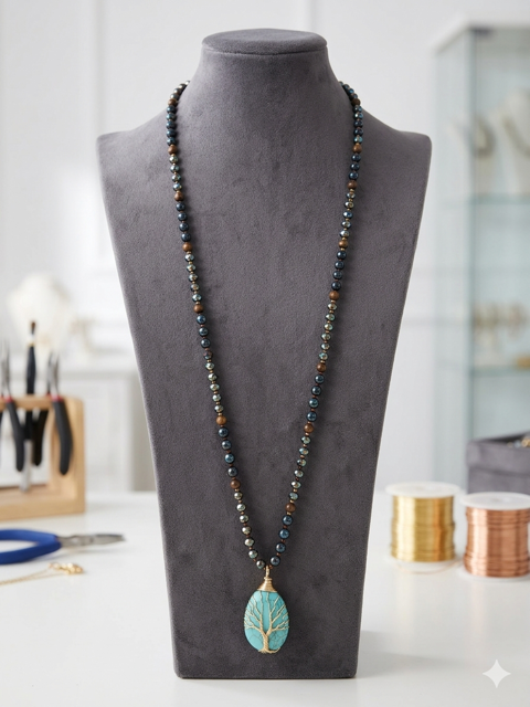 Collier Perles Noires – Pendentif Arbre de Vie Turquoise